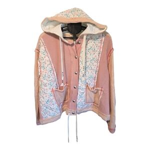 POL Pink Floral Patchwork Hooded Button-Front Sweatshirt